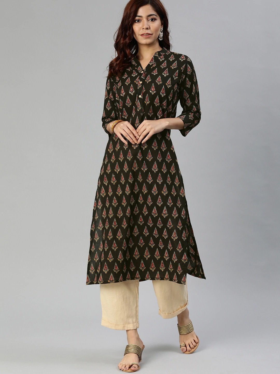 Women's Black Buti Print Cotton Kurta