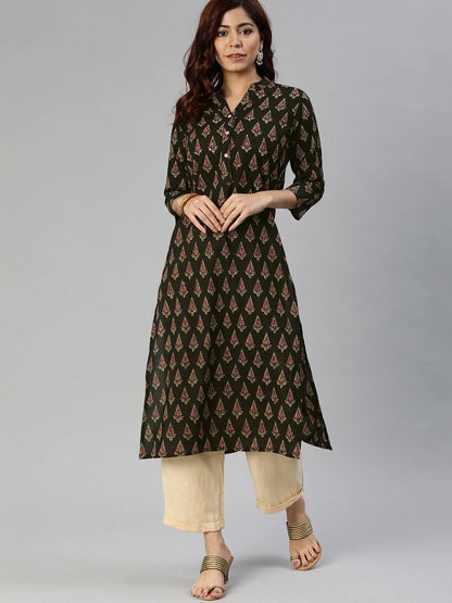 Women's Black Buti Print Cotton Kurta