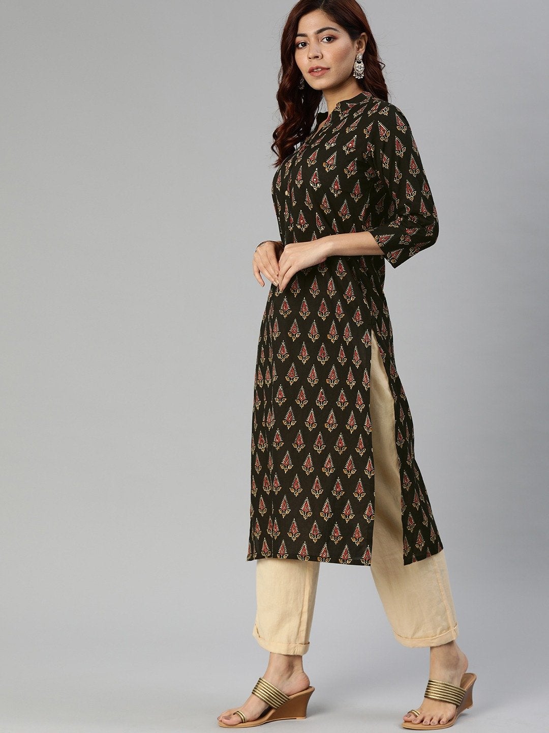 Women's Black Buti Print Cotton Kurta