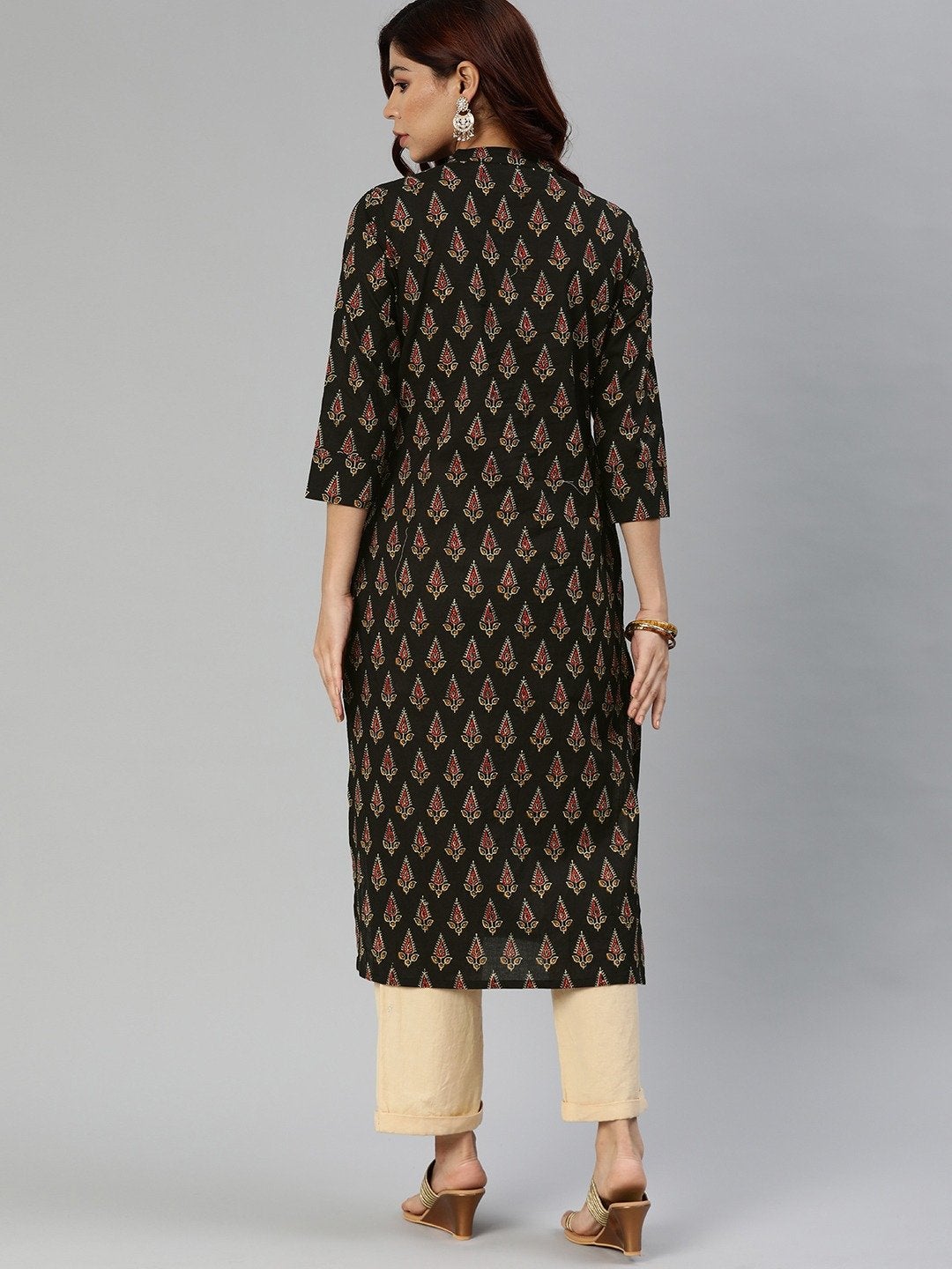 Women's Black Buti Print Cotton Kurta