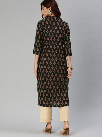 Women's Black Buti Print Cotton Kurta