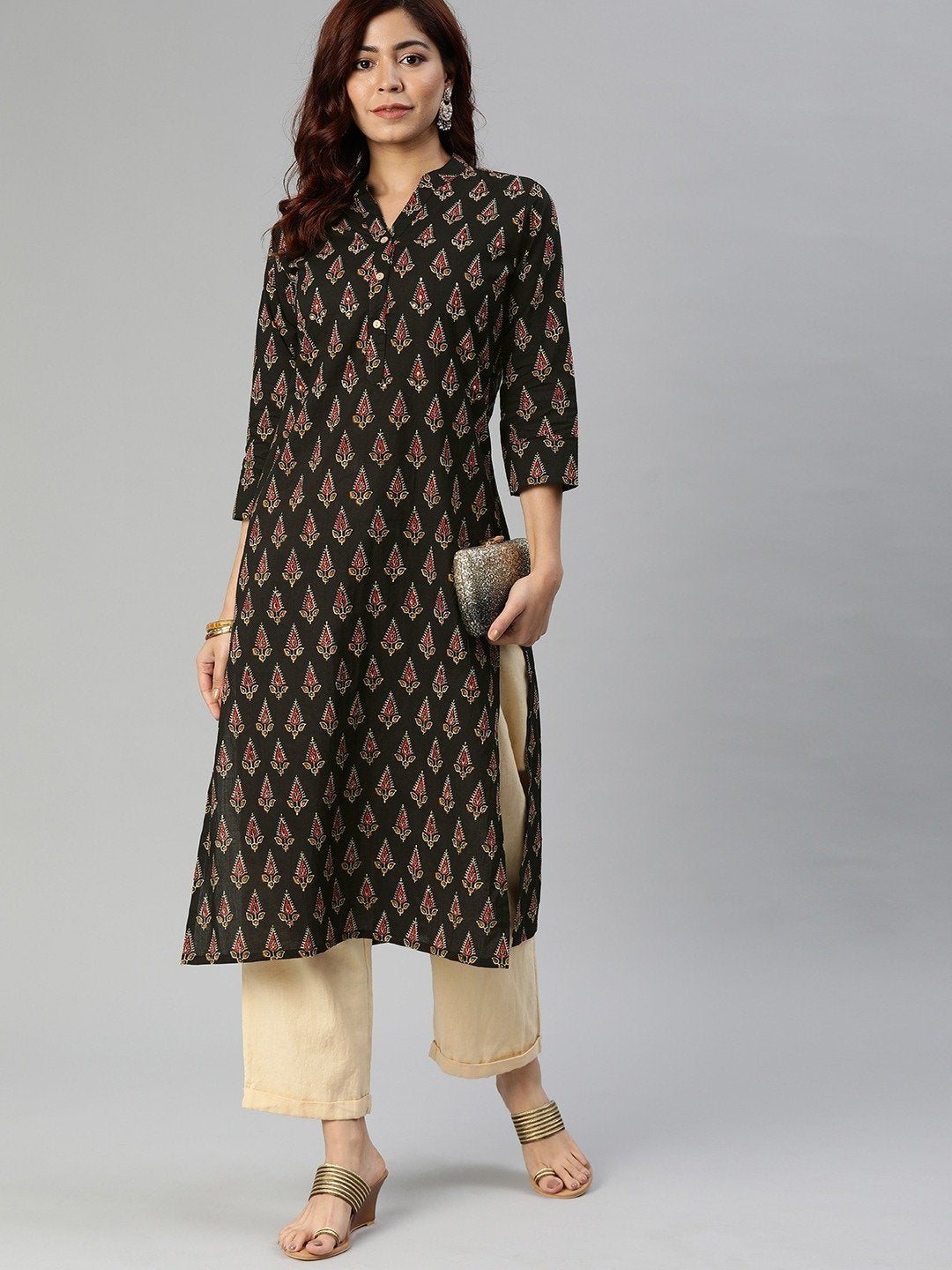 Women's Black Buti Print Cotton Kurta