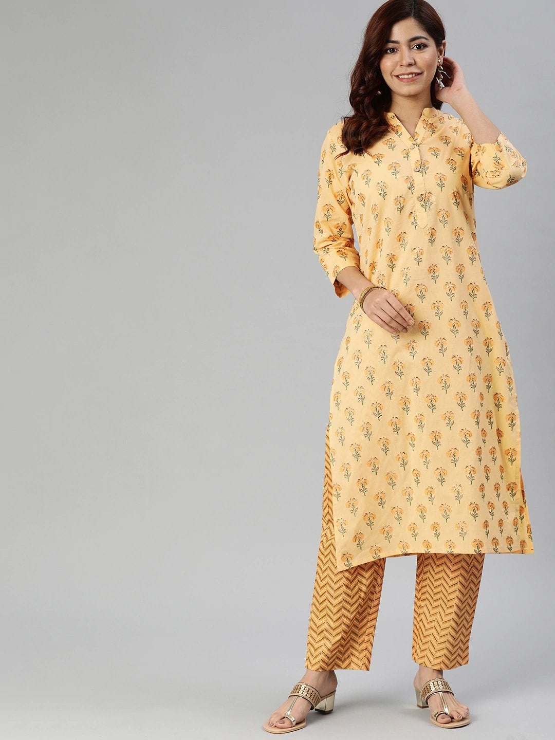 Women's The Dressify Yellow Flower Print Cotton Kurta Set