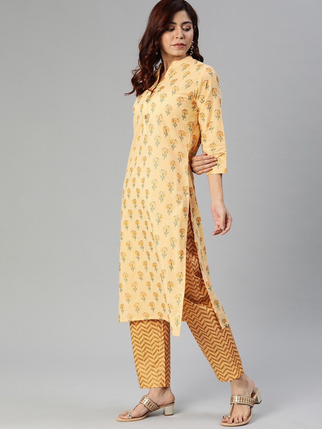 Women's The Dressify Yellow Flower Print Cotton Kurta Set