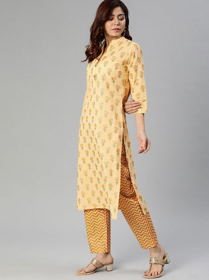 Women's The Dressify Yellow Flower Print Cotton Kurta Set