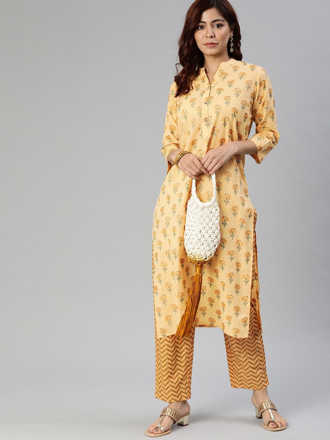 Women's The Dressify Yellow Flower Print Cotton Kurta Set
