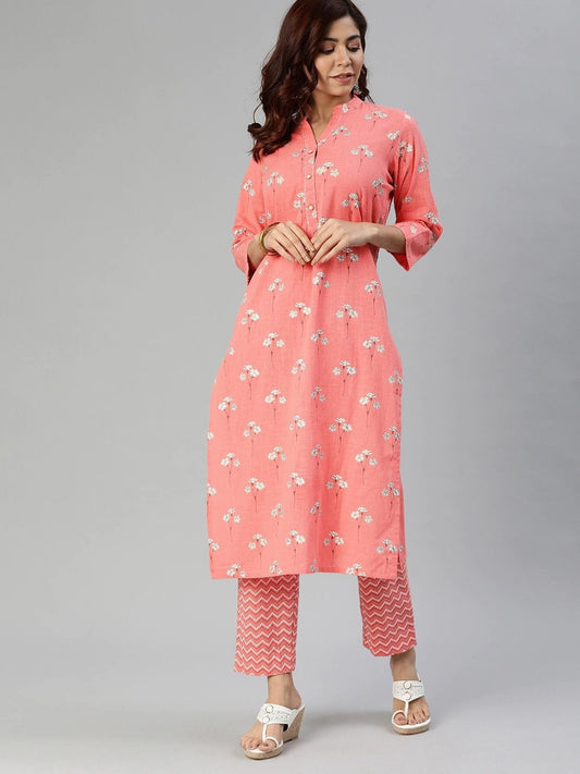 Women's Pink Flower Print Cotton Kurta Set