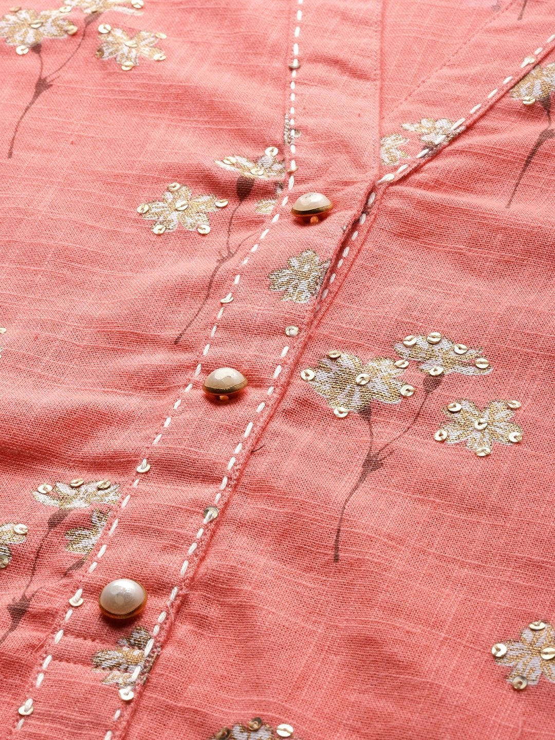 Women's Pink Flower Print Cotton Kurta Set