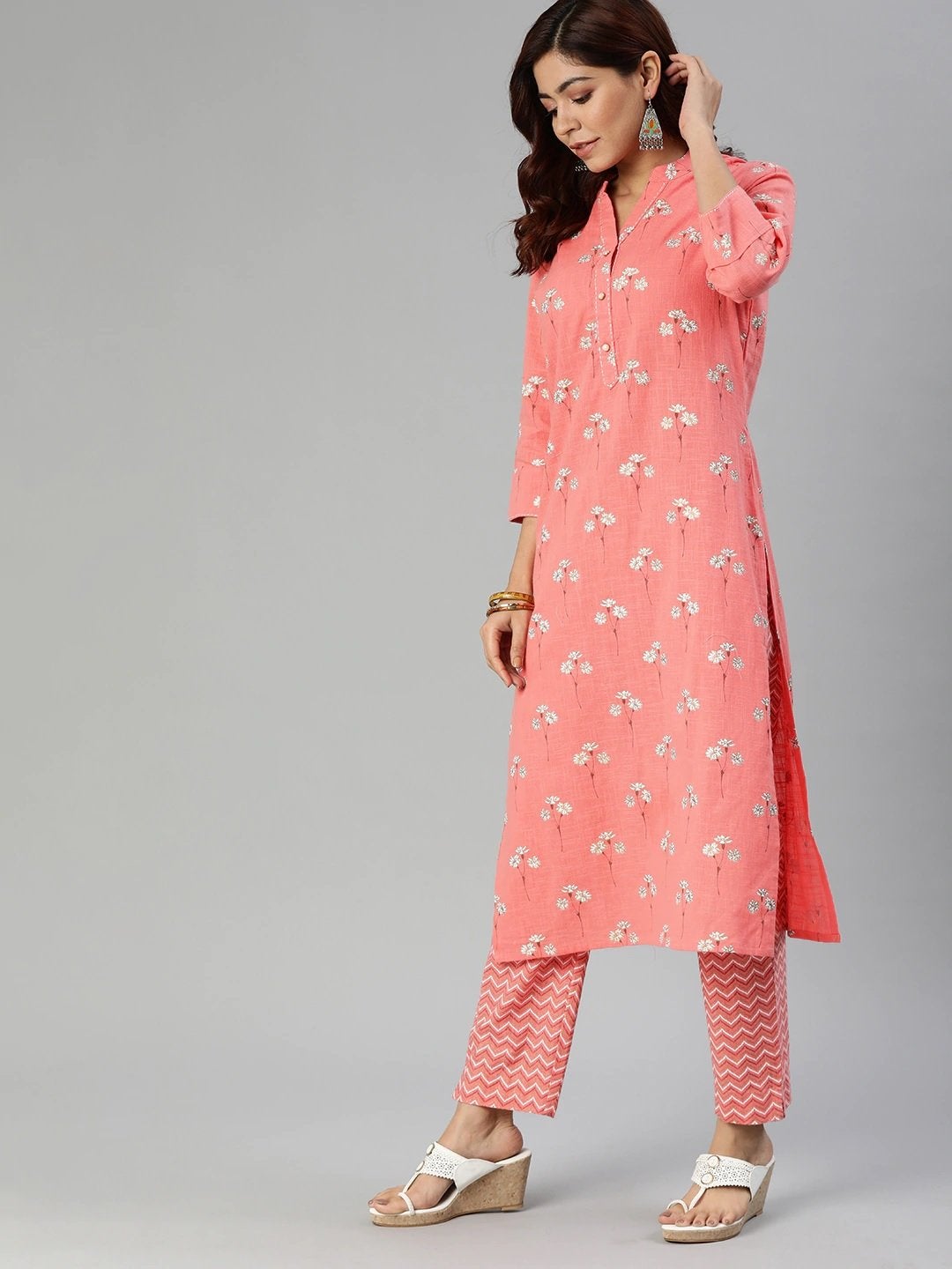 Women's Pink Flower Print Cotton Kurta Set
