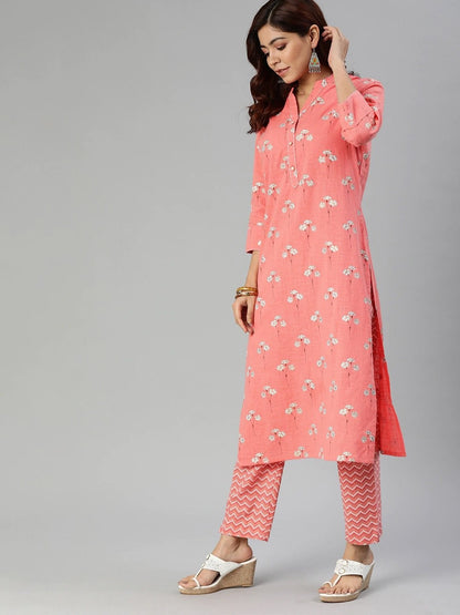 Women's Pink Flower Print Cotton Kurta Set