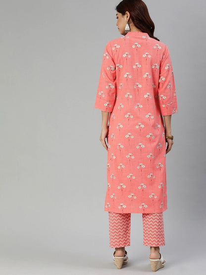 Women's Pink Flower Print Cotton Kurta Set
