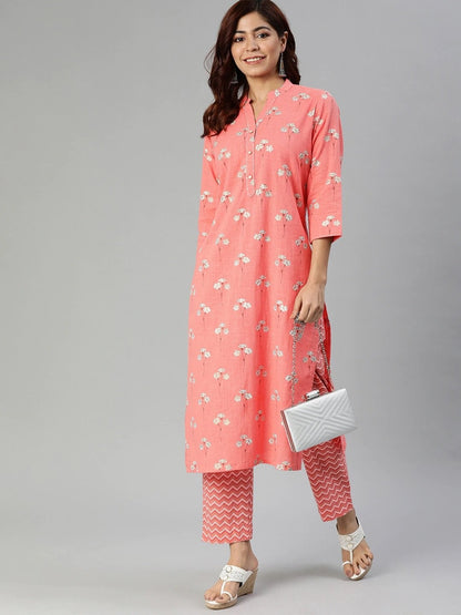 Women's Pink Flower Print Cotton Kurta Set