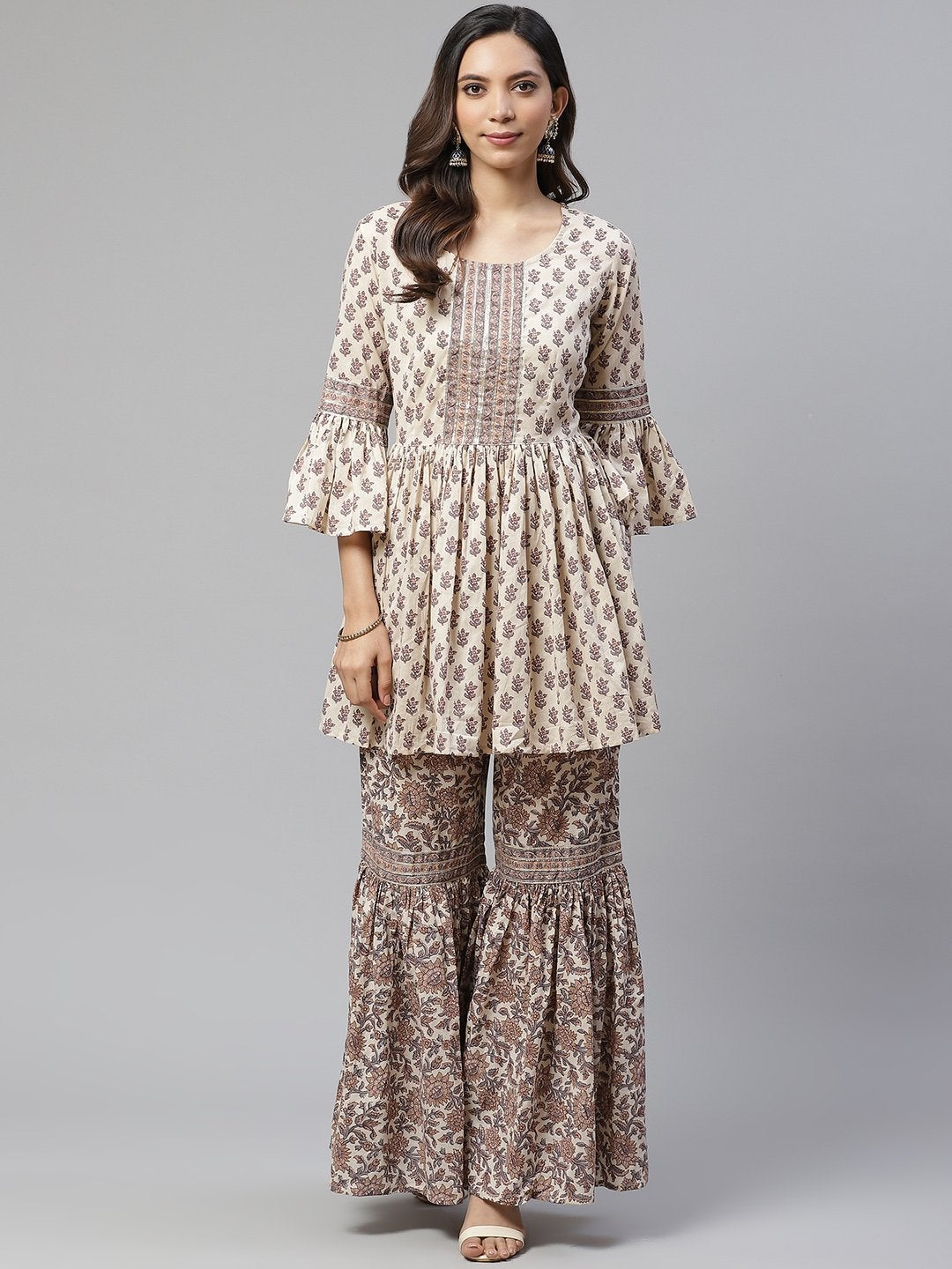Women's Cream Printed Sharara Set