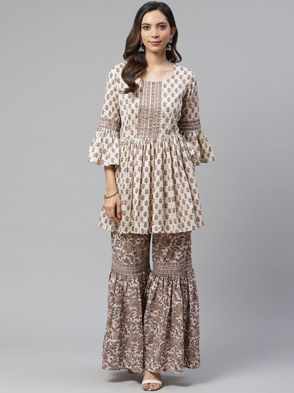 Women's Cream Printed Sharara Set