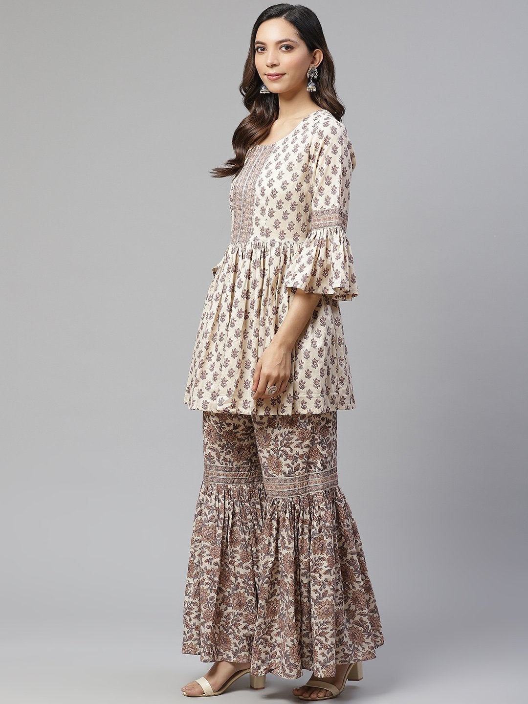 Women's Cream Printed Sharara Set