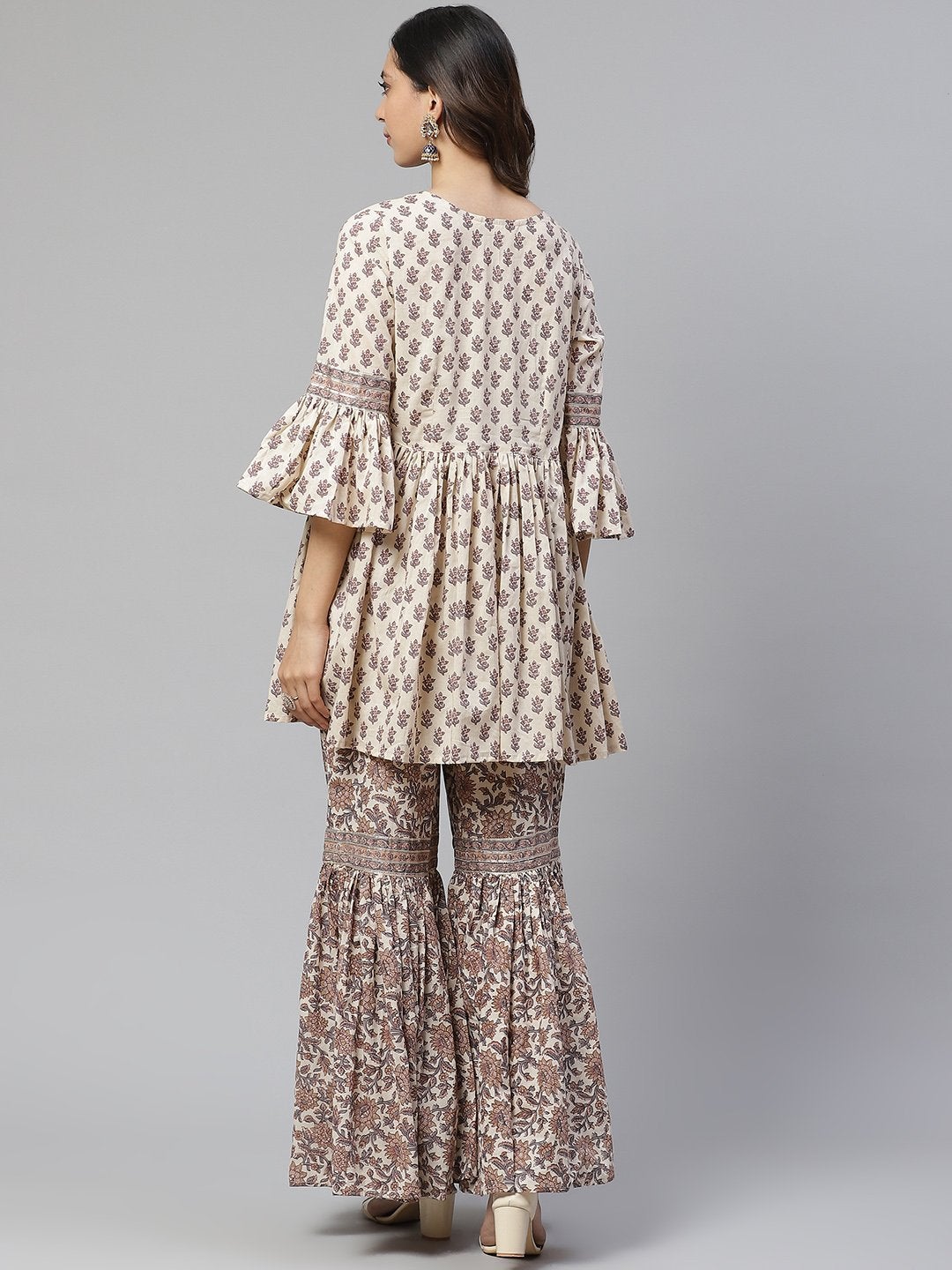 Women's Cream Printed Sharara Set