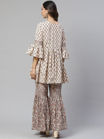 Women's Cream Printed Sharara Set