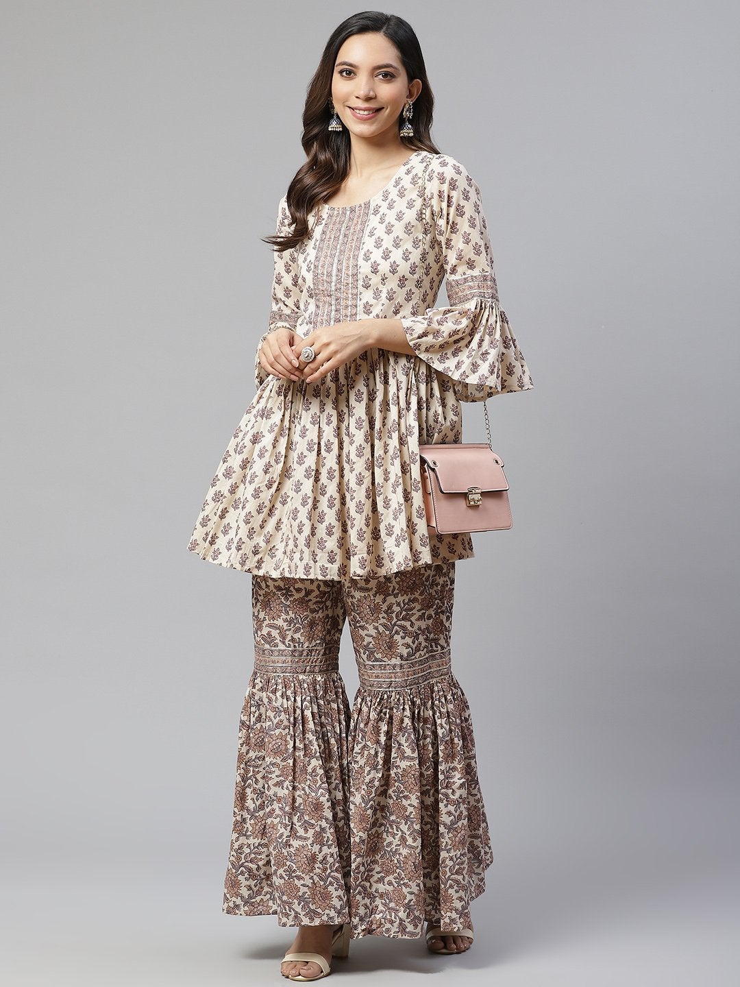 Women's Cream Printed Sharara Set