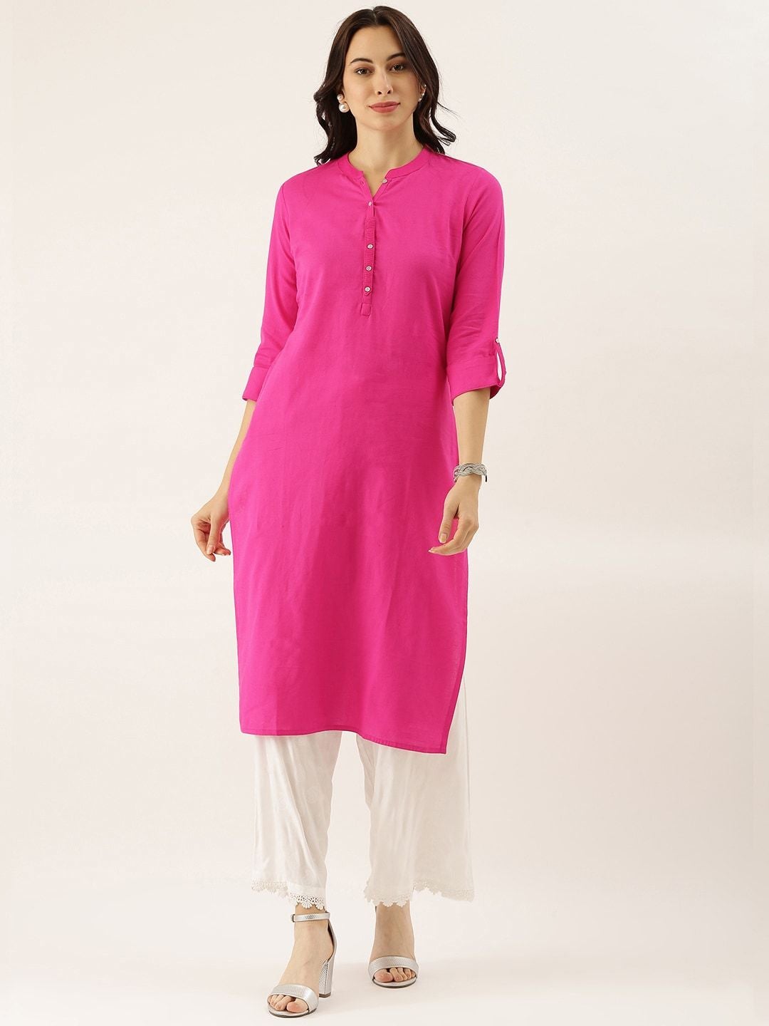 Women's Pink Solid Straight Roll up Sleeve Kurti