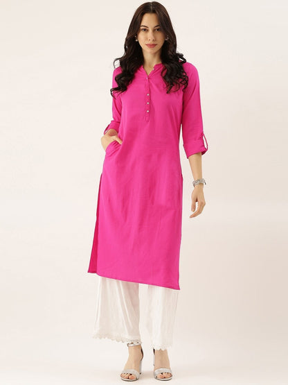 Women's Pink Solid Straight Roll up Sleeve Kurti