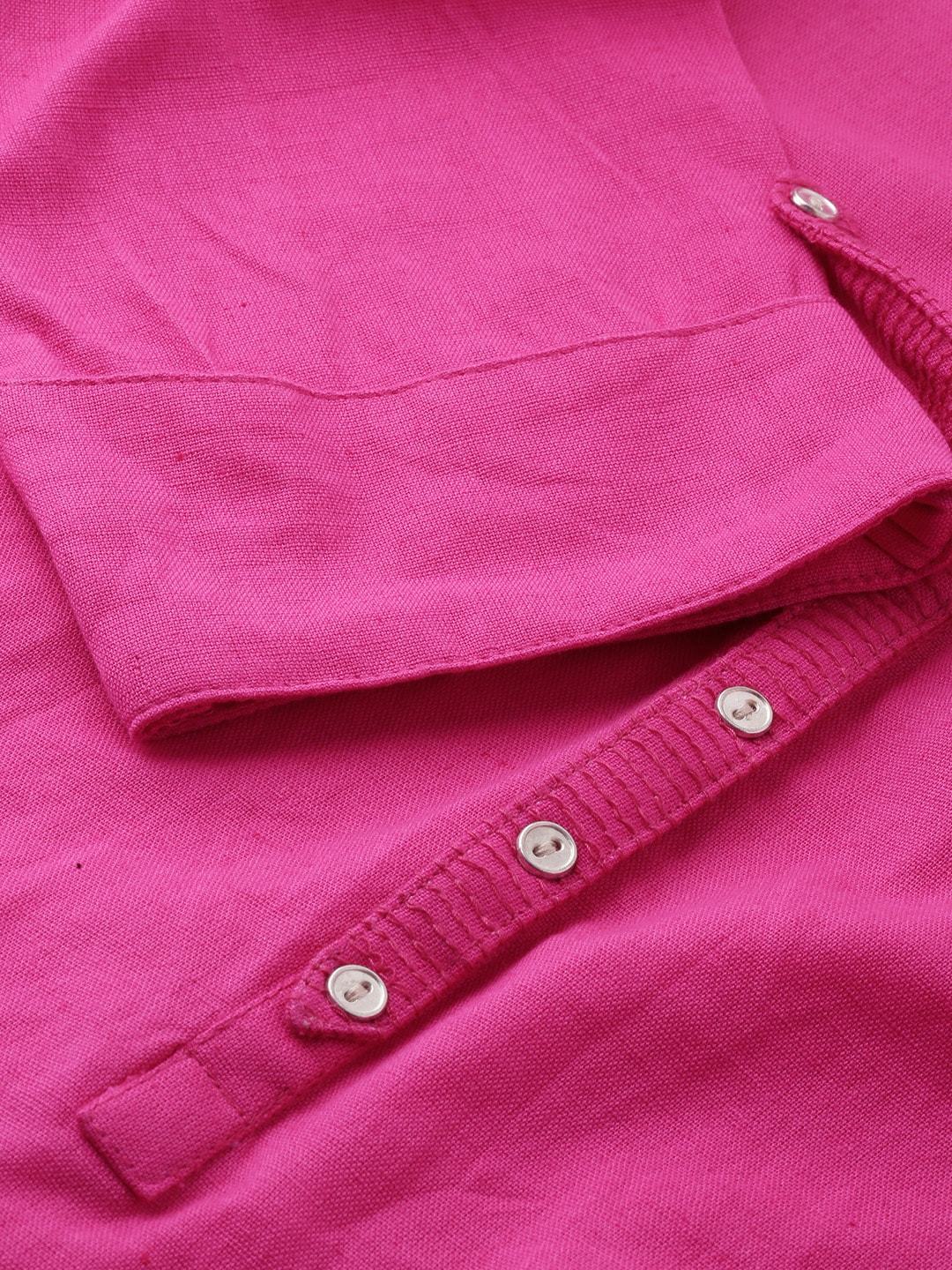 Women's Pink Solid Straight Roll up Sleeve Kurti