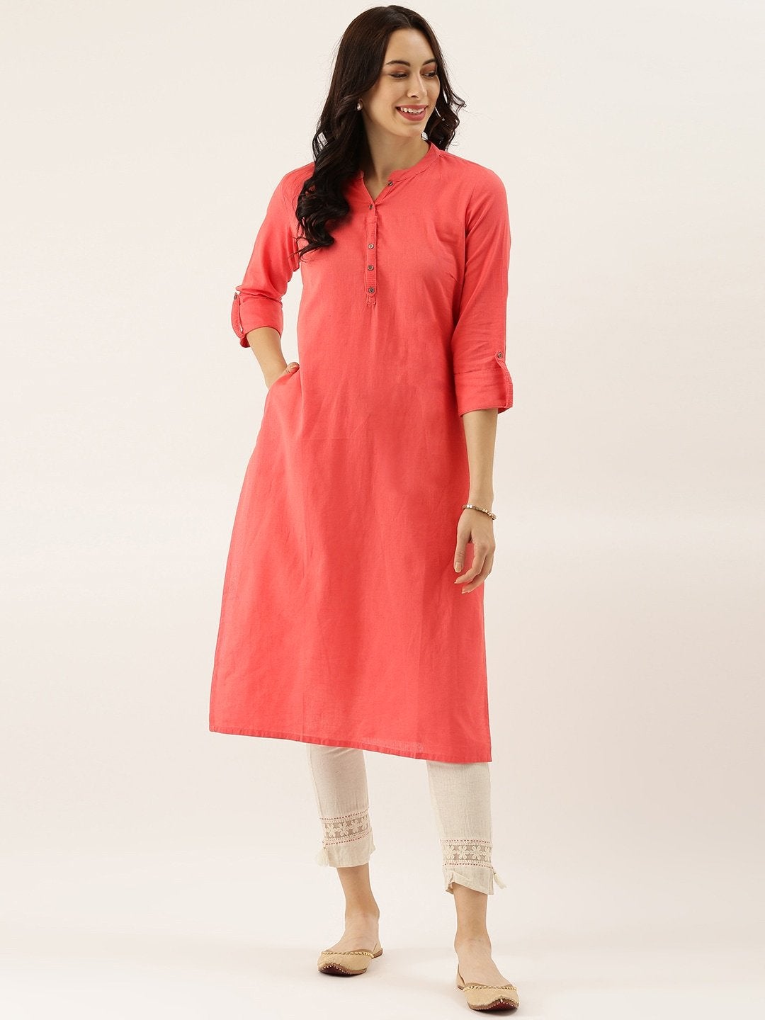 Women's Peach Solid Straight Roll up Sleeve Kurti
