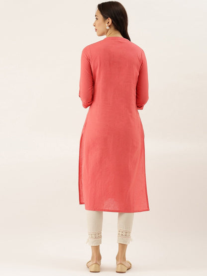 Women's Peach Solid Straight Roll up Sleeve Kurti