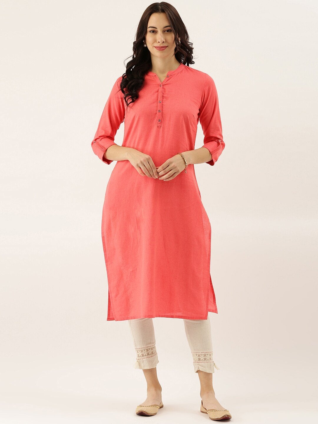 Women's Peach Solid Straight Roll up Sleeve Kurti