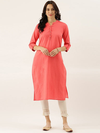 Women's Peach Solid Straight Roll up Sleeve Kurti