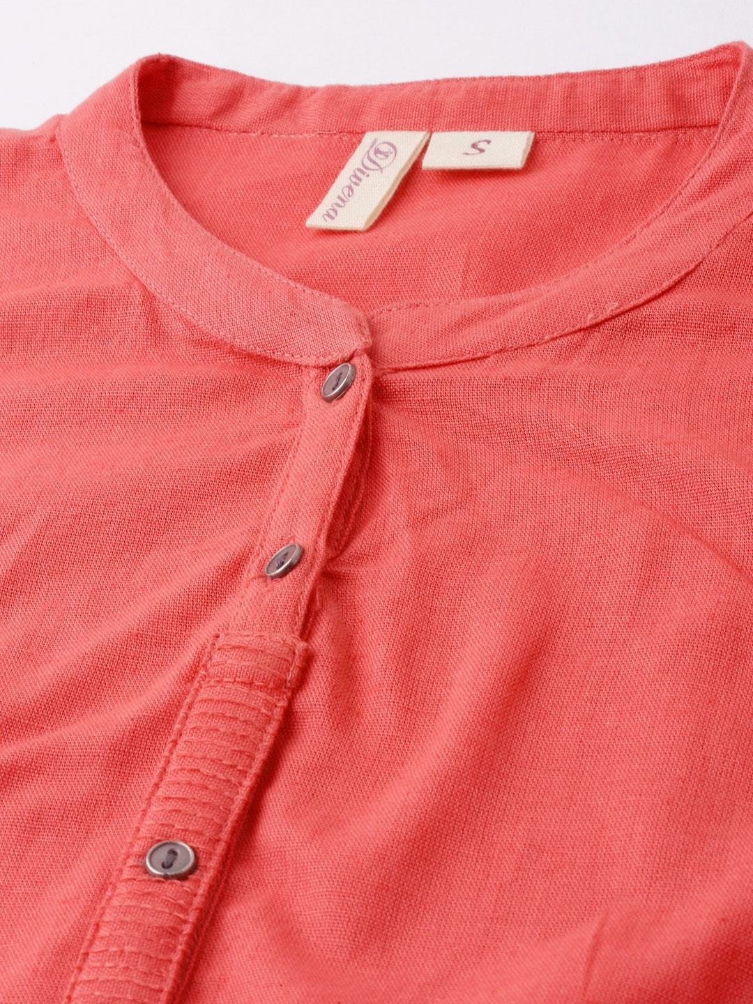 Women's Peach Solid Straight Roll up Sleeve Kurti