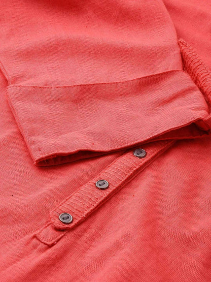 Women's Peach Solid Straight Roll up Sleeve Kurti