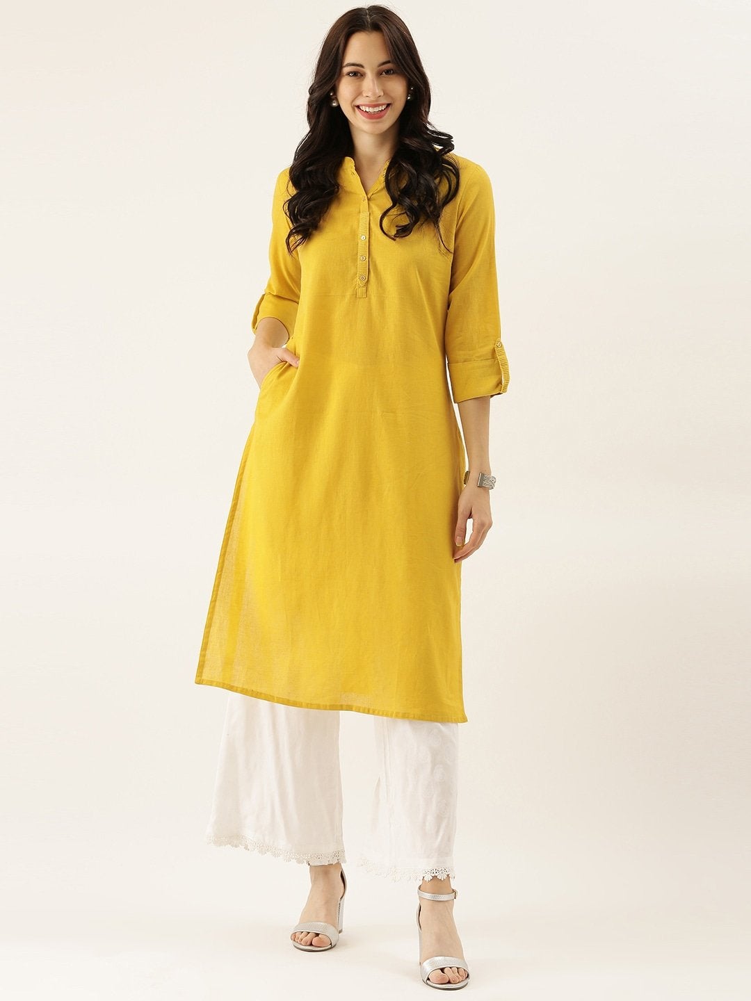 Women's The Dressify Yellow Solid Straight Roll up Sleeve Kurti