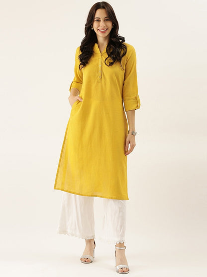 Women's The Dressify Yellow Solid Straight Roll up Sleeve Kurti