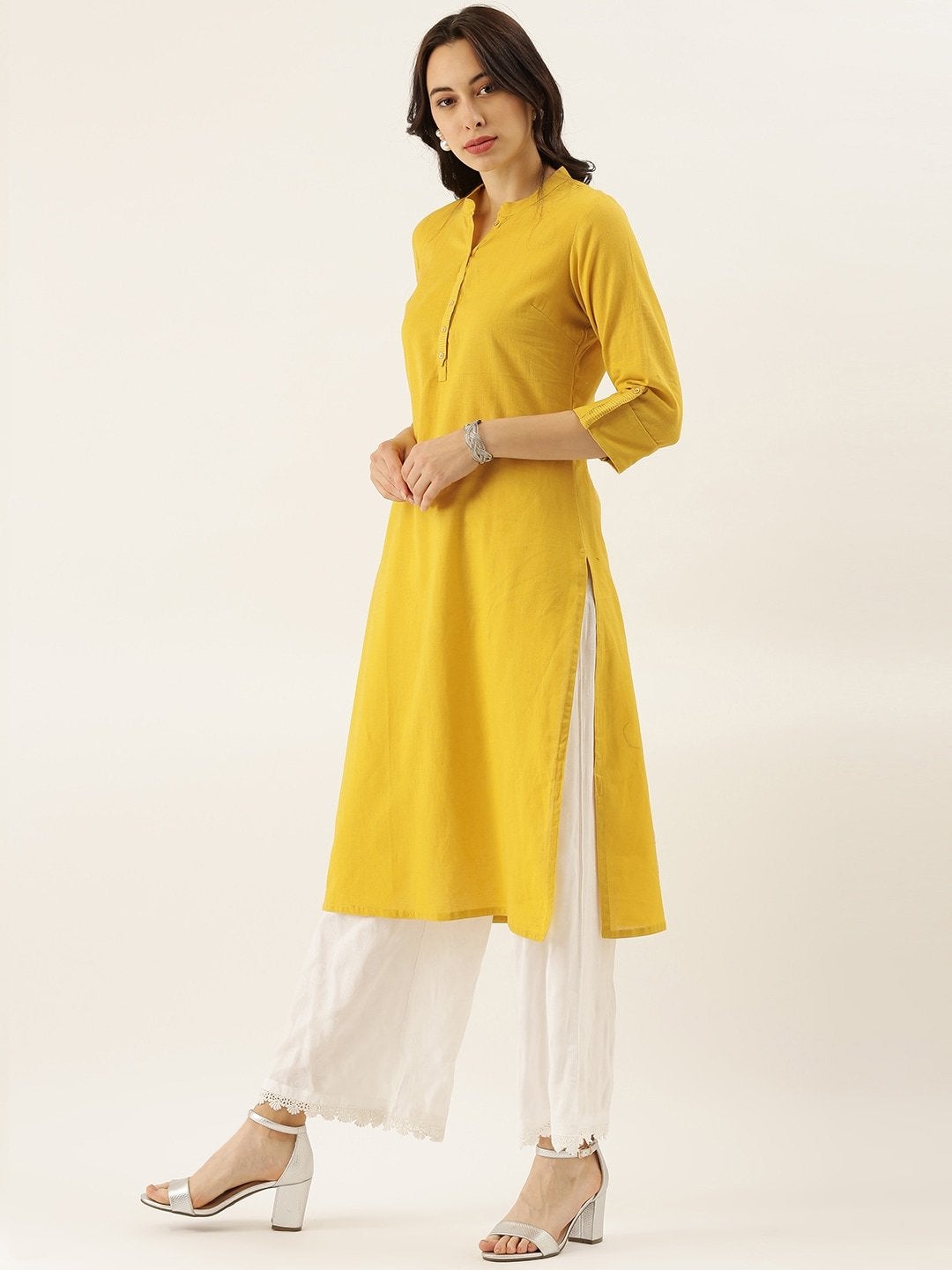 Women's The Dressify Yellow Solid Straight Roll up Sleeve Kurti