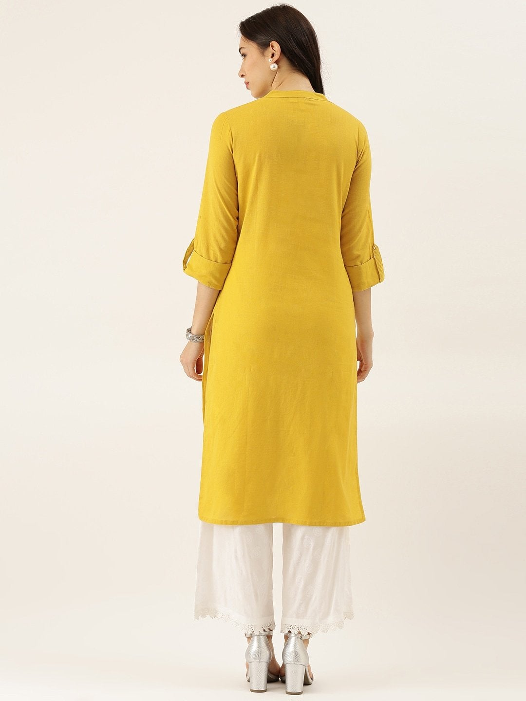 Women's The Dressify Yellow Solid Straight Roll up Sleeve Kurti