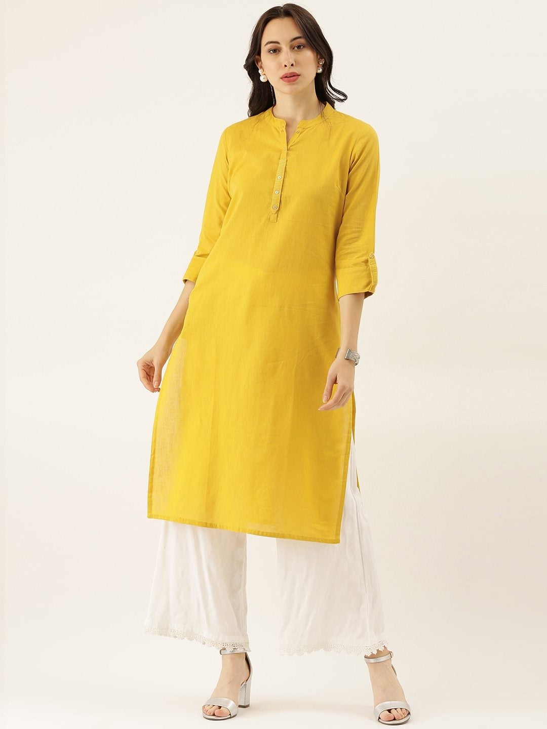 Women's The Dressify Yellow Solid Straight Roll up Sleeve Kurti