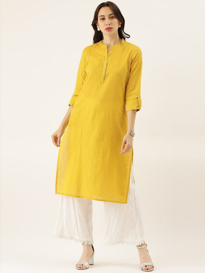 Women's The Dressify Yellow Solid Straight Roll up Sleeve Kurti