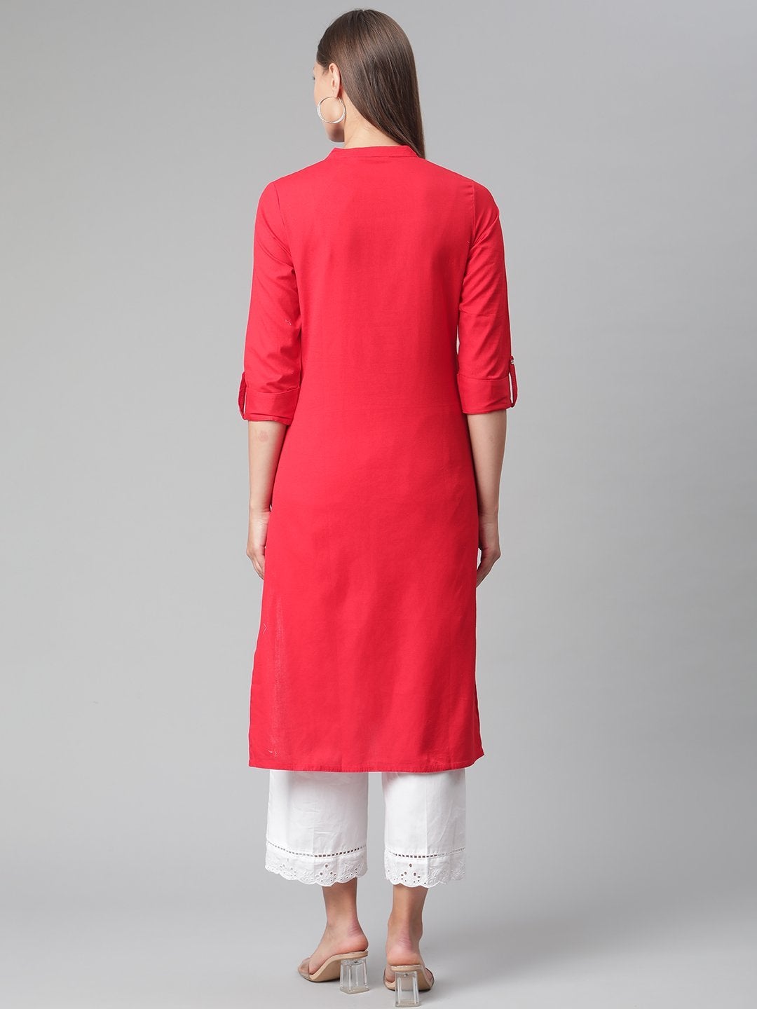 Women's Red Cotton Straight Kurti