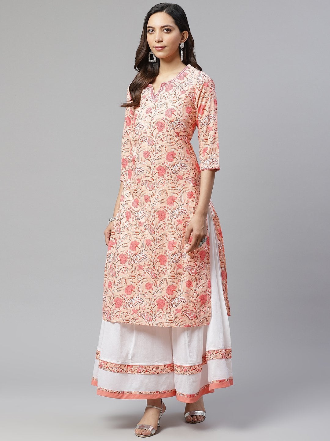 Women's Peach Cotton Kurta With Palazzo Set