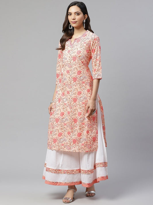 Women's Peach Cotton Kurta With Palazzo Set