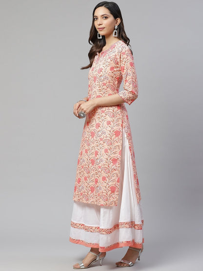 Women's Peach Cotton Kurta With Palazzo Set