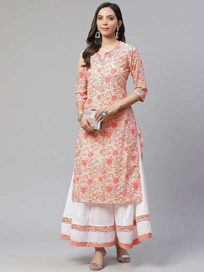 Women's Peach Cotton Kurta With Palazzo Set