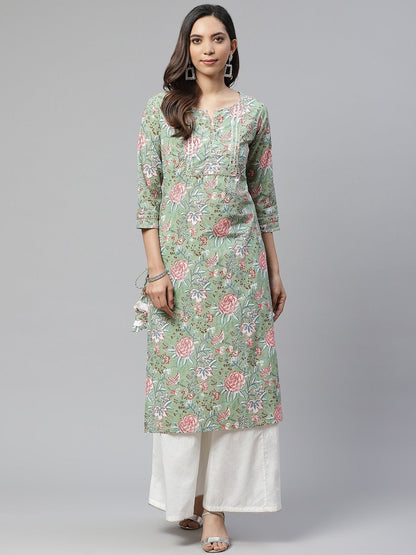 Women's Green Printed Cotton Kurta with Palazo Set