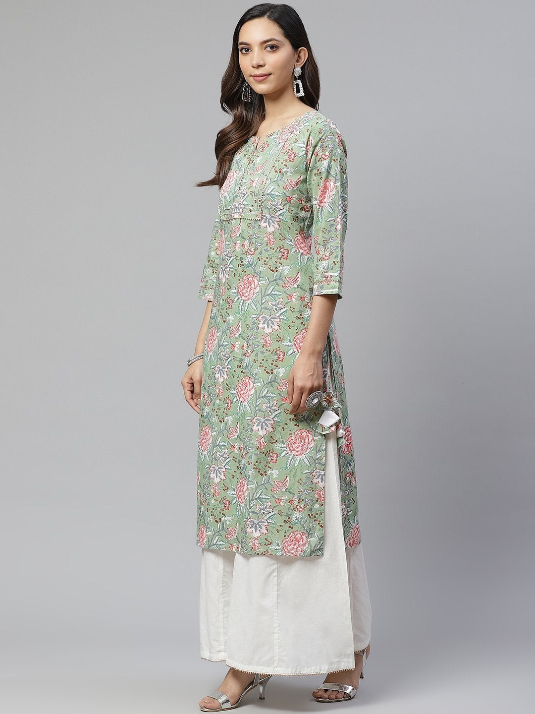 Women's Green Printed Cotton Kurta with Palazo Set