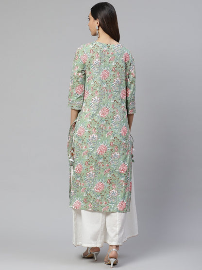 Women's Green Printed Cotton Kurta with Palazo Set
