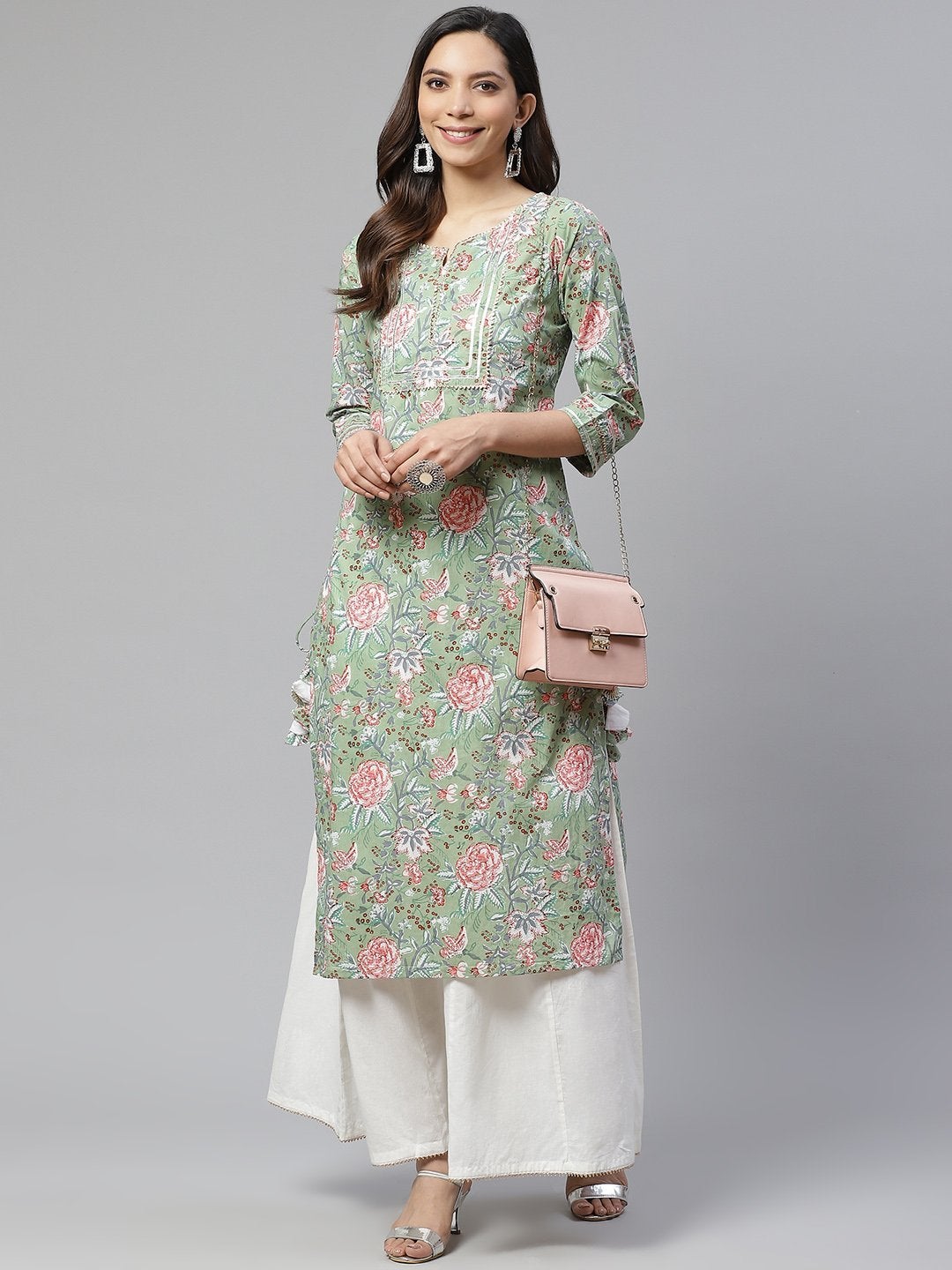 Women's Green Printed Cotton Kurta with Palazo Set