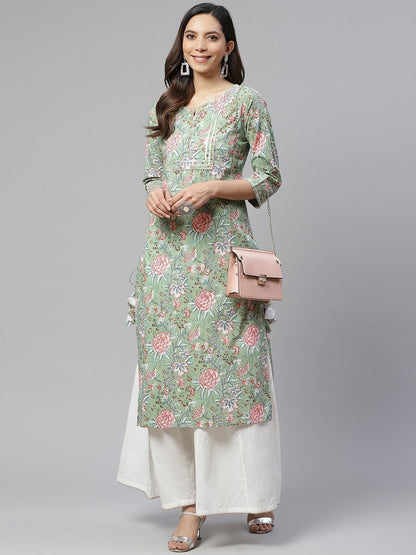 Women's Green Printed Cotton Kurta with Palazo Set