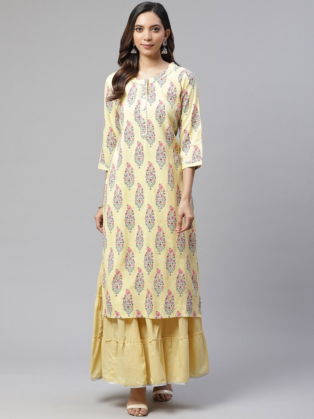 Women's The Dressify Yellow Rayon Printed Kurti Sharara Set