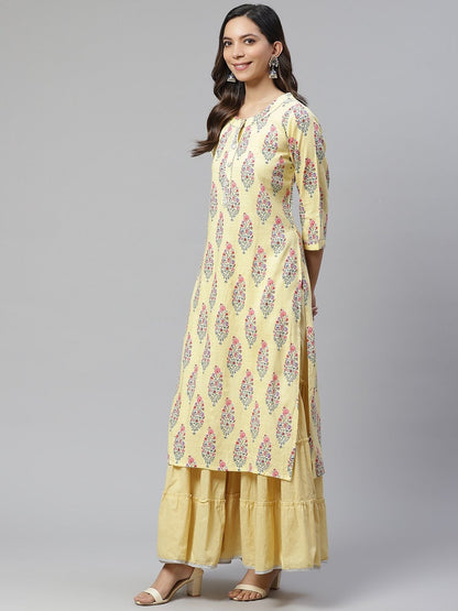 Women's The Dressify Yellow Rayon Printed Kurti Sharara Set