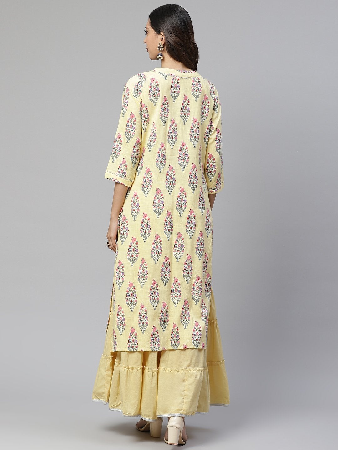 Women's The Dressify Yellow Rayon Printed Kurti Sharara Set